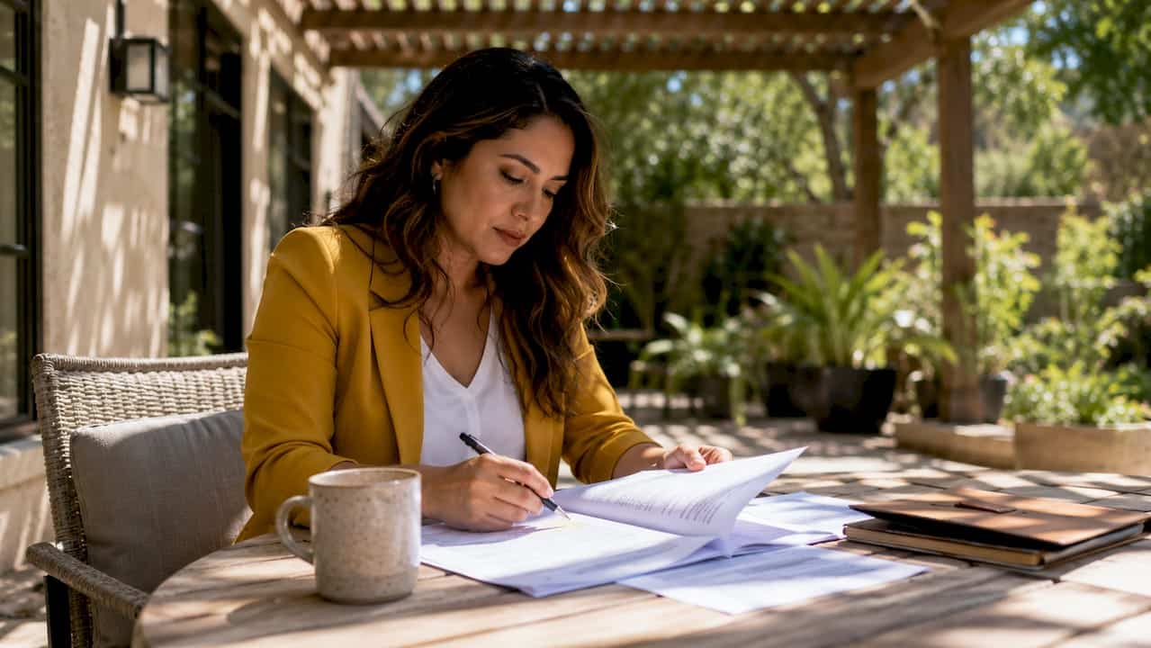 Woman reviewing home negotiation papers at kitchen table