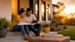 Couple reviewing plans in new Texas home