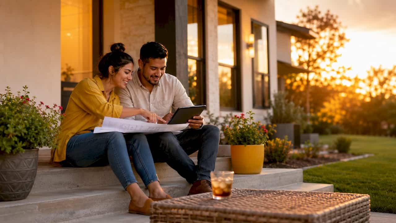 Couple reviewing plans in new Texas home