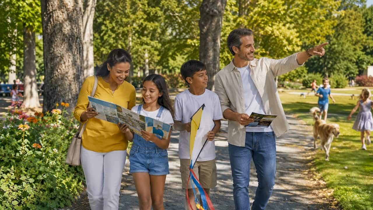 Family walking on Frisco ISD school campus