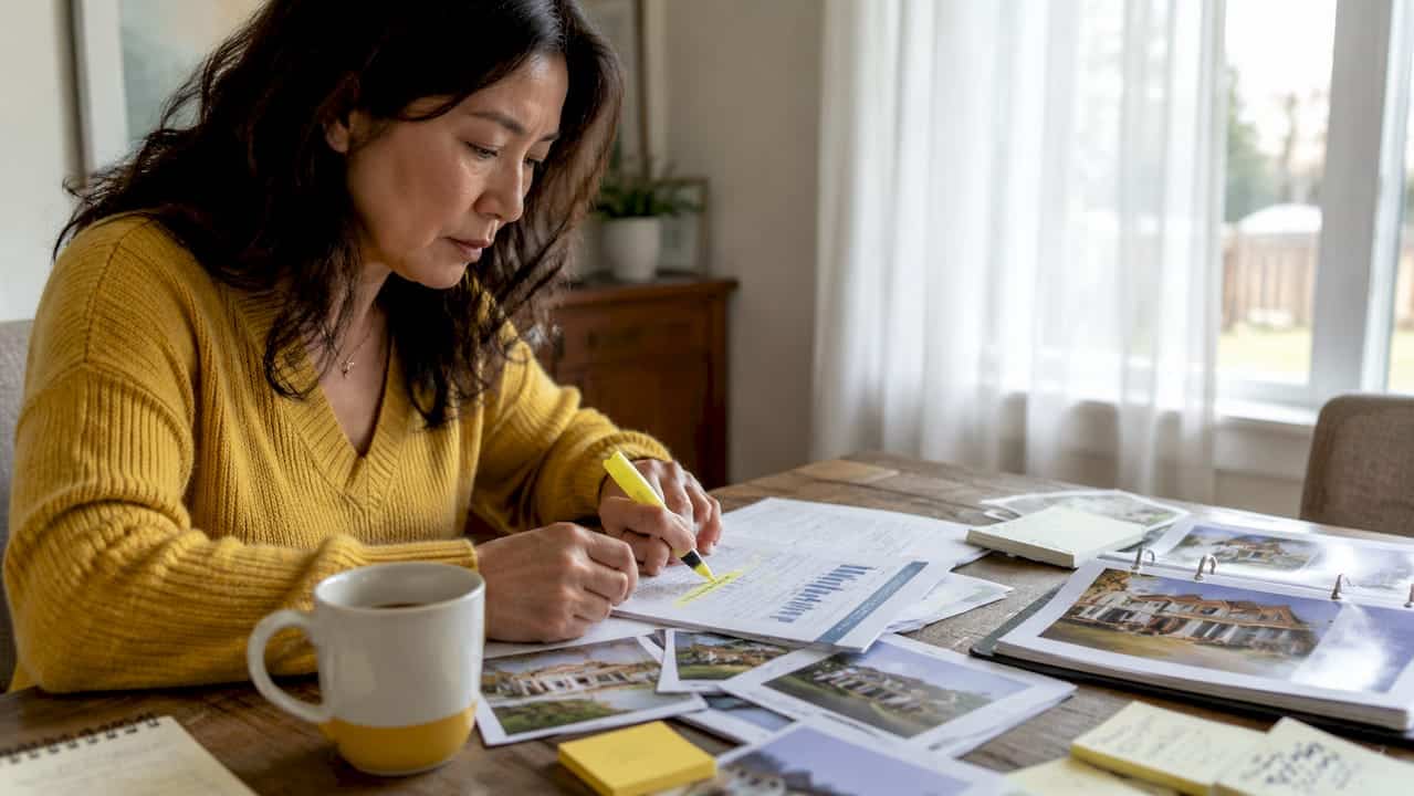 Homebuyer studying Frisco market reports at kitchen table.