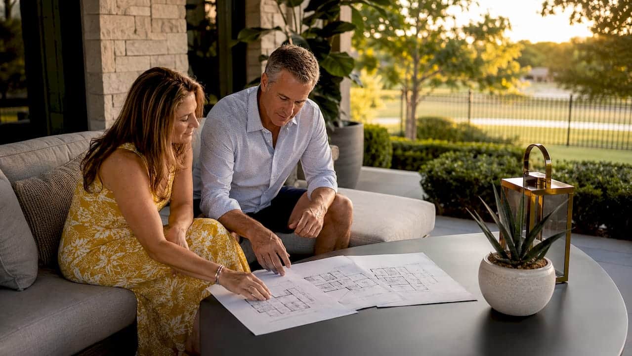 Couple reviewing luxury home plans in spacious living room