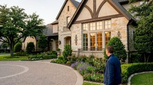 Luxurious mansion exterior in Southlake Texas at sunset