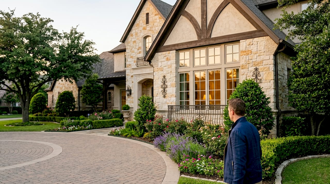 Luxurious mansion exterior in Southlake Texas at sunset