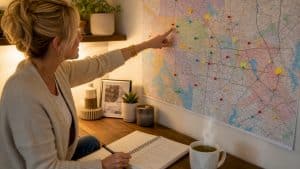 Woman pointing at North Dallas community map