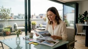 Woman comparing real estate brochures at home