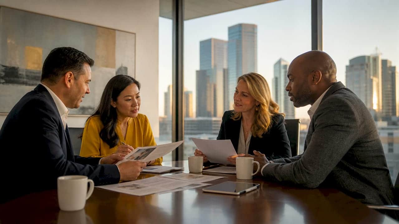 Executives discussing corporate relocation in Frisco office