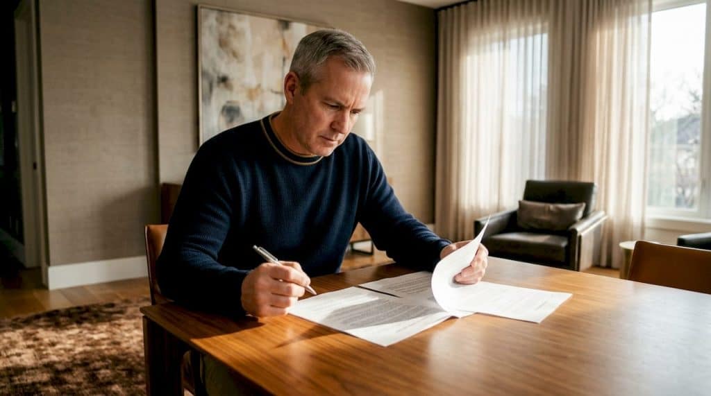 Luxury home buyer reviewing warranty documents at kitchen island