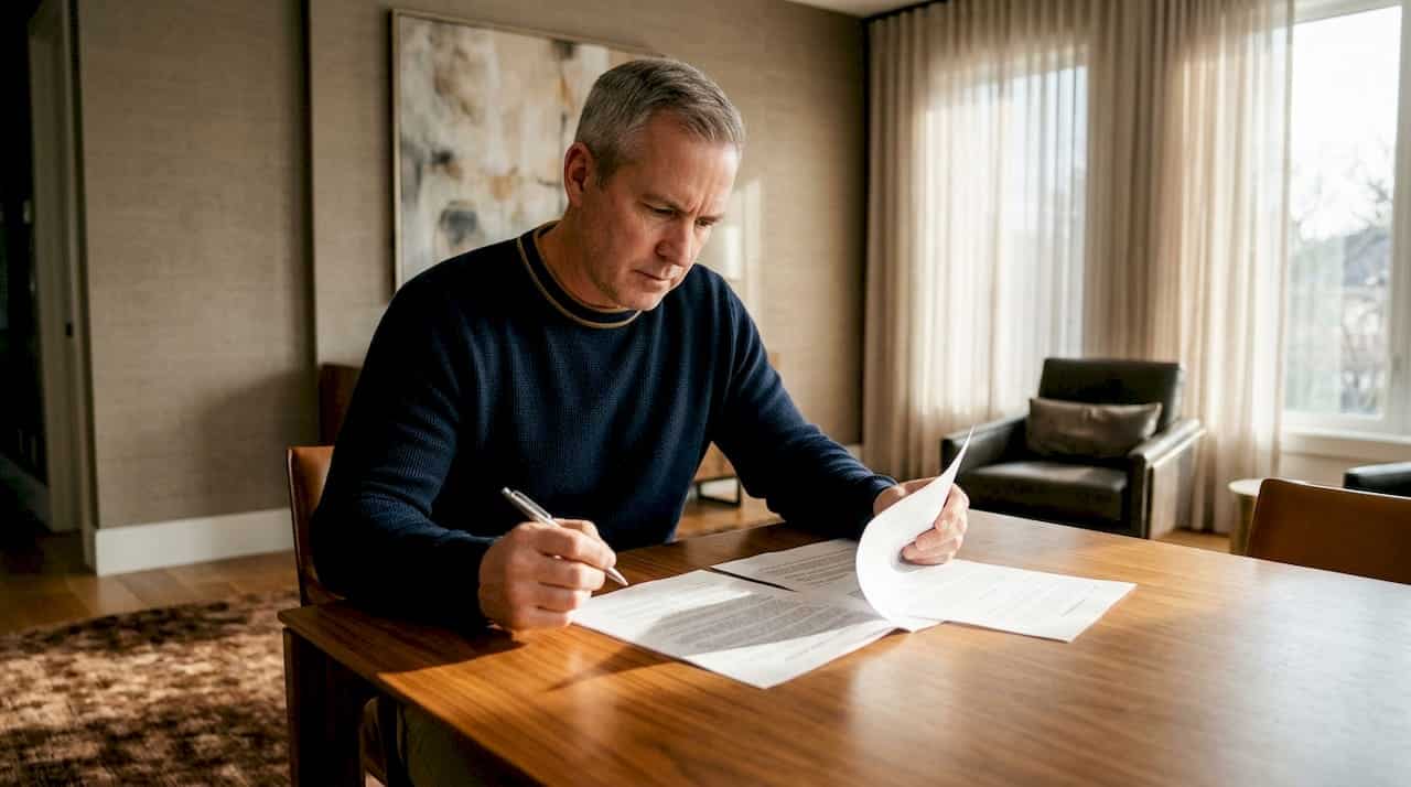 Luxury home buyer reviewing warranty documents at kitchen island