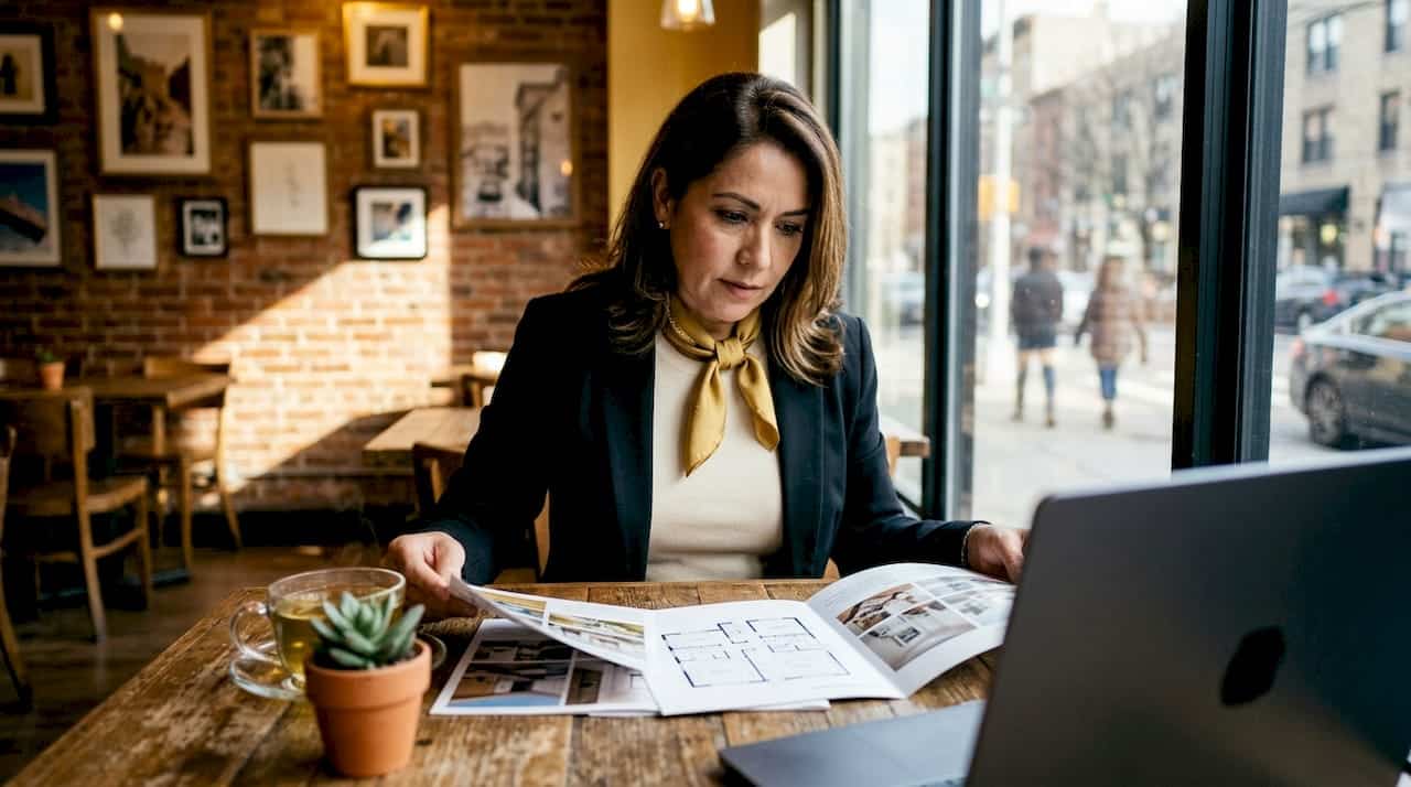 Real estate agent reviewing luxury home brochures