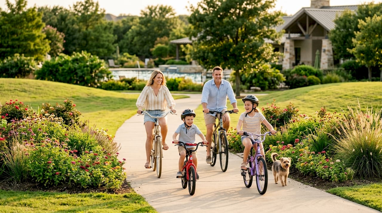 Family walking on trail in Windsong Ranch park