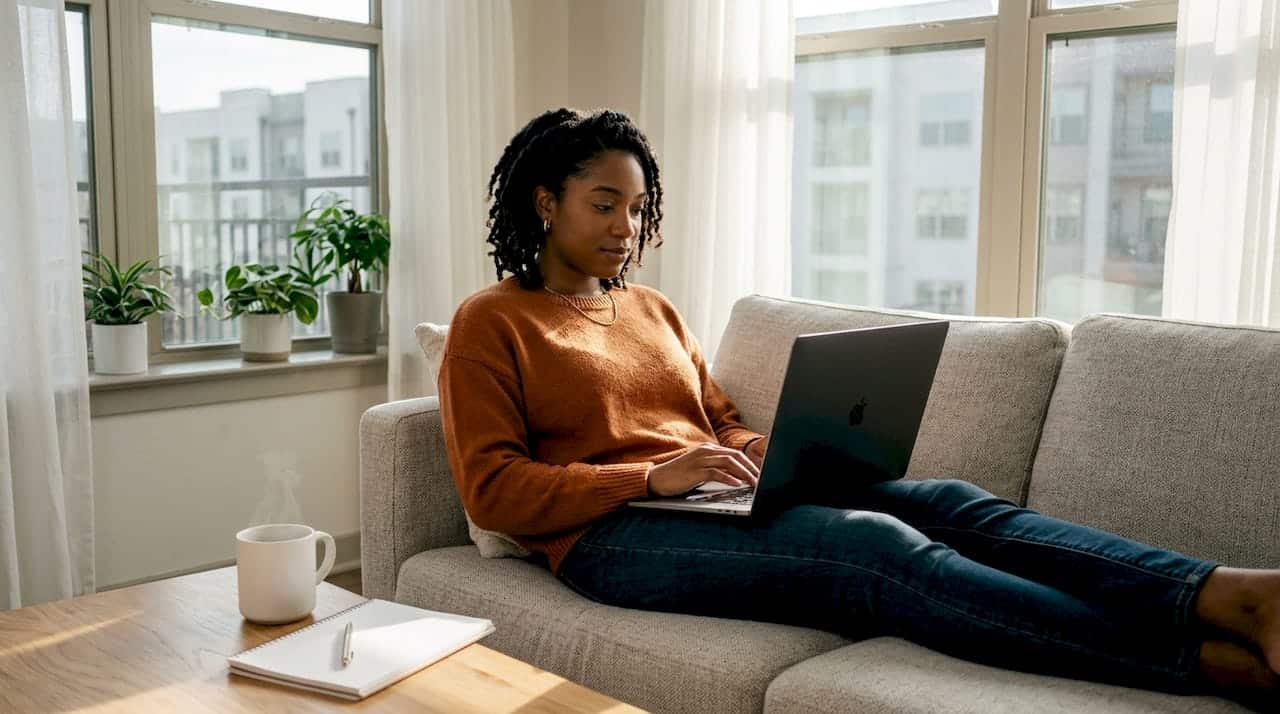 Young woman working on laptop in North Dallas home office