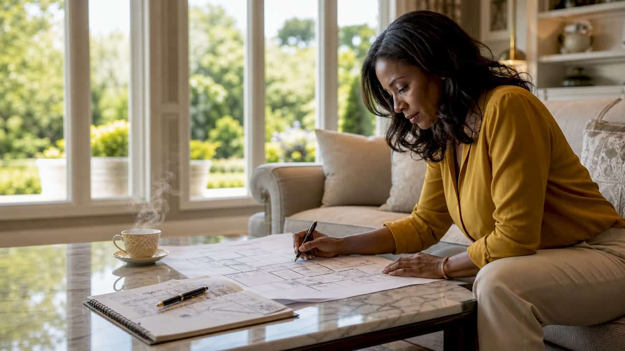 Woman reviewing luxury home plans in kitchen