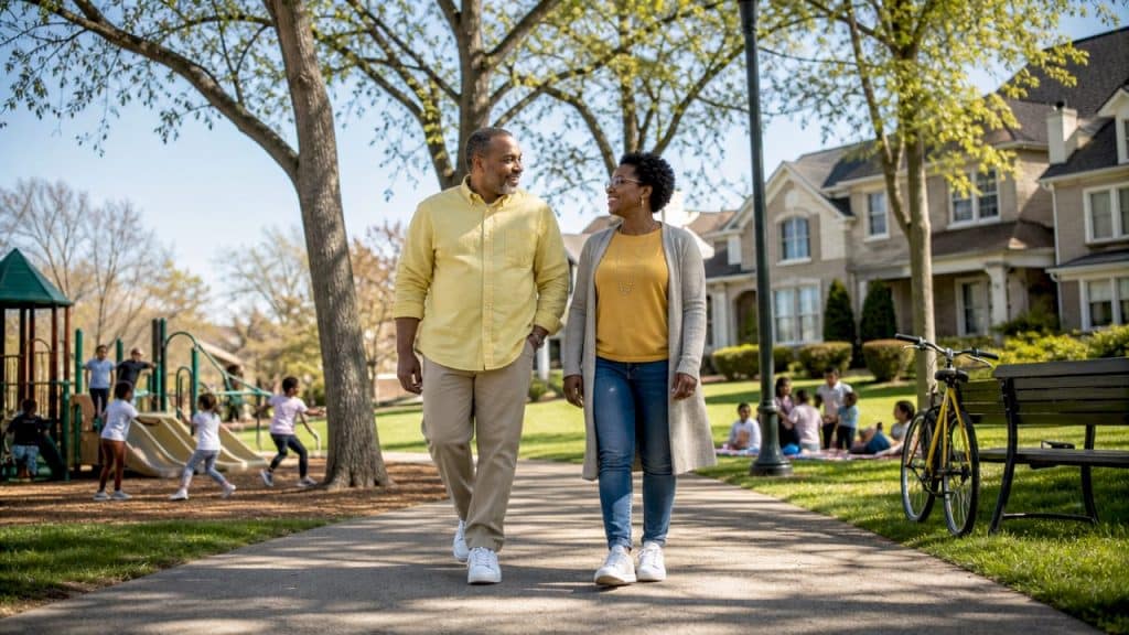 Couple walking in North Dallas suburban neighborhood