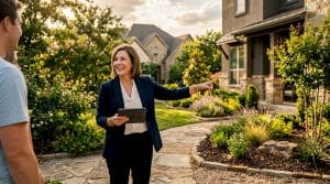 Real estate agent presenting Windsong Ranch homes outdoors