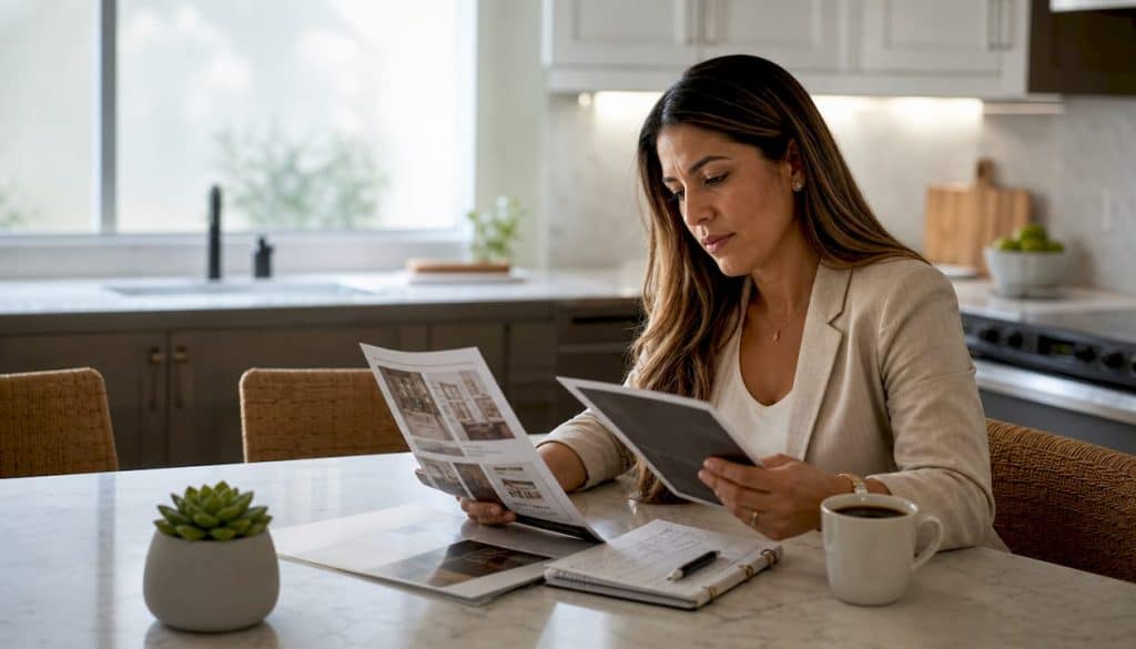 Woman reviewing real estate service brochures at home