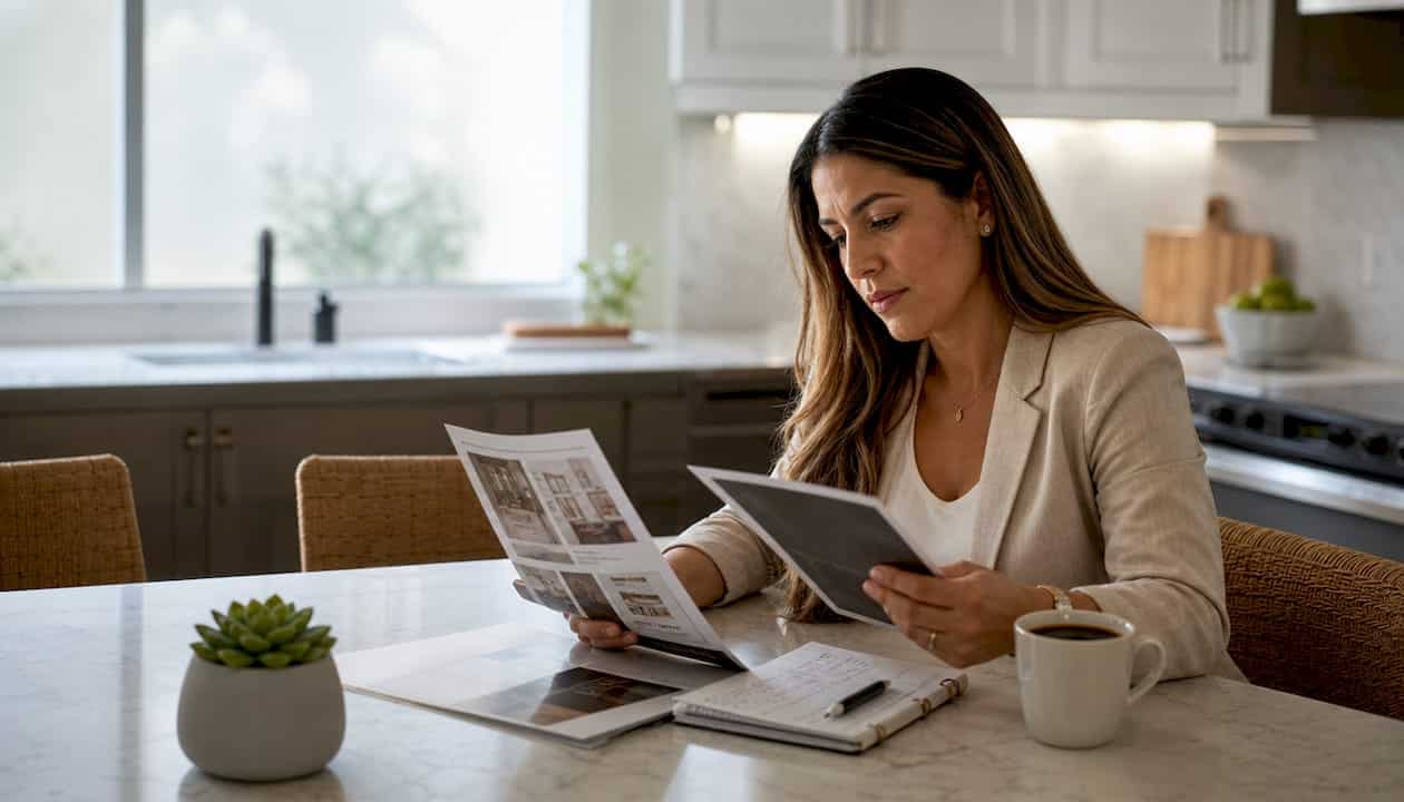 Woman reviewing real estate service brochures at home