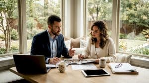 Couple reviewing home options in luxury kitchen