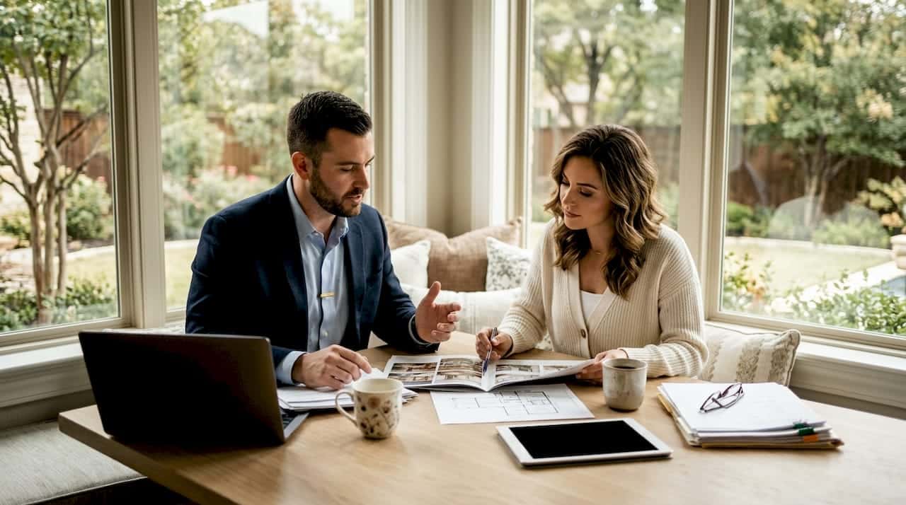 Couple reviewing home options in luxury kitchen
