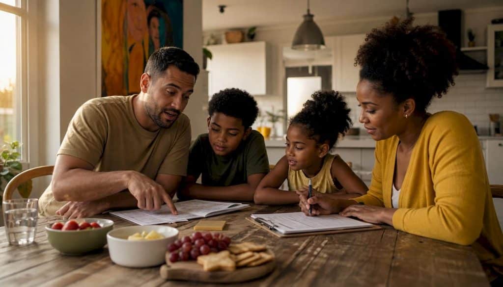 Family reviewing home buying checklist at kitchen table