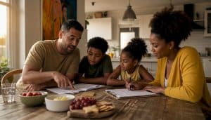 Family reviewing home buying checklist at kitchen table