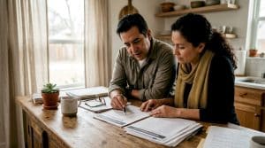 Couple planning their move at dining table
