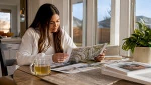 Woman reviewing subdivision brochures at kitchen table