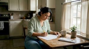 Woman reviewing homebuying budget documents at kitchen island