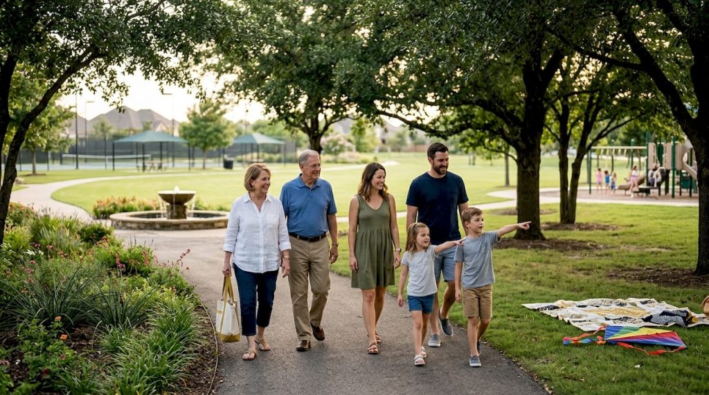 Family walking along community trail outdoors