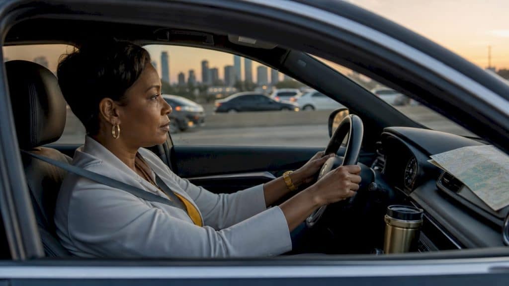 Woman driving on Dallas North Tollway during rush hour