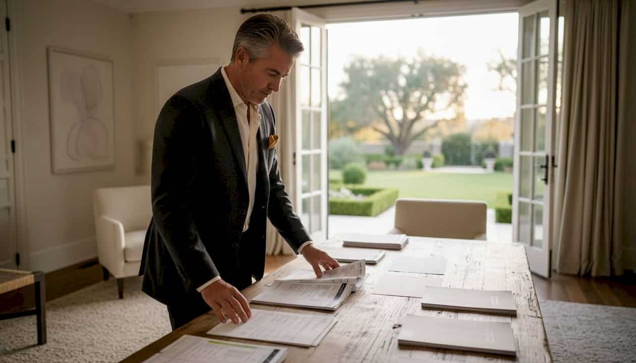 Man reviewing luxury home market data at desk
