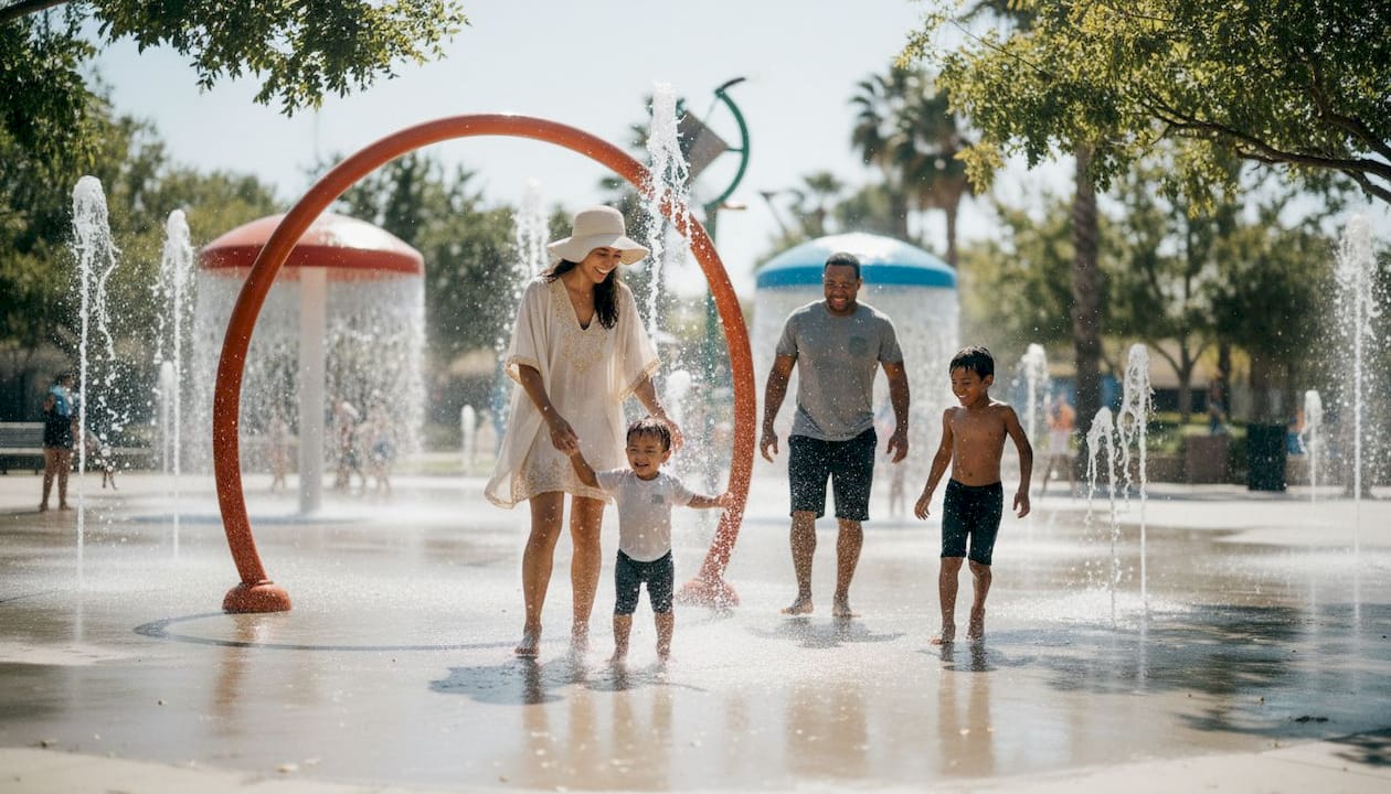Family enjoying picnic and play in North Dallas park