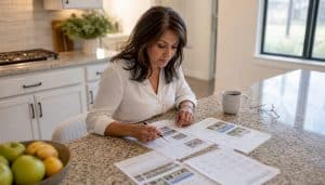 Homeowner reviewing pricing documents at table