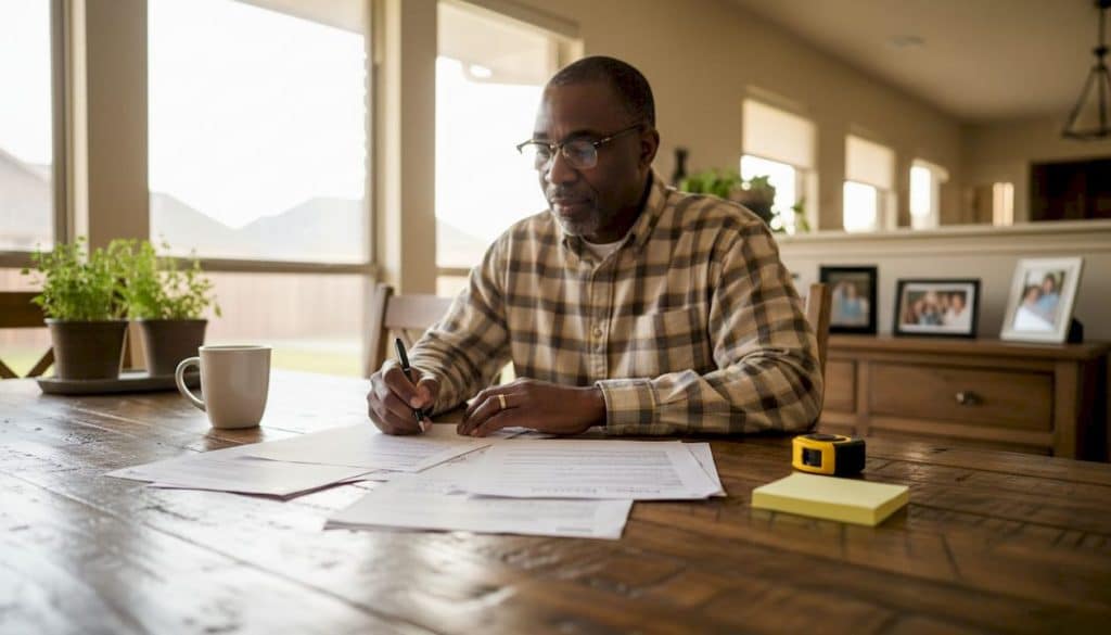Buyer reviewing closing cost documents at kitchen table