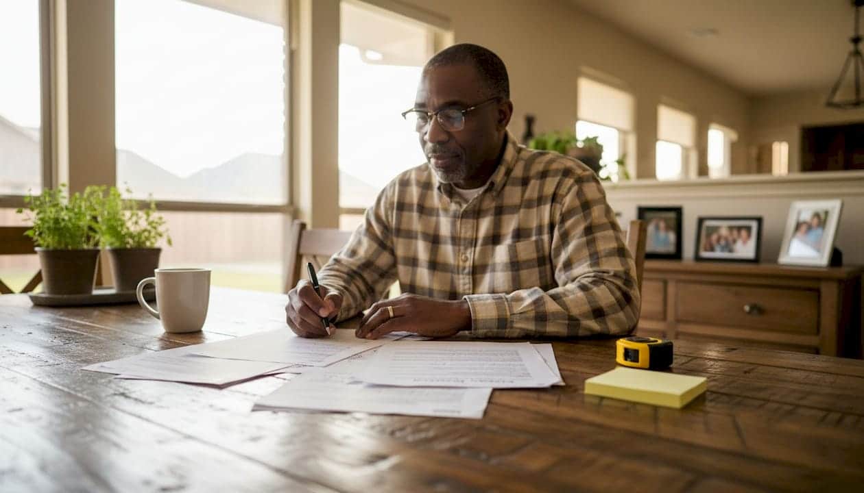 Buyer reviewing closing cost documents at kitchen table