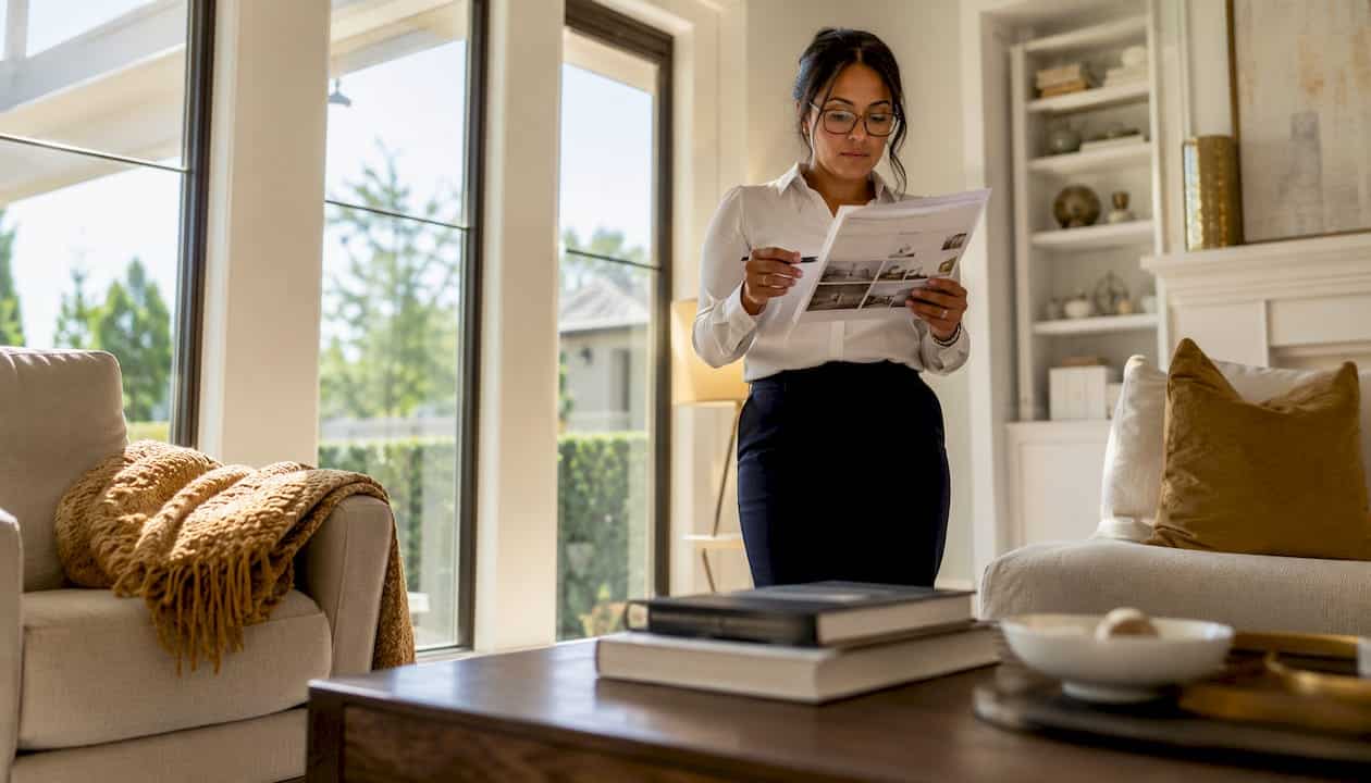 Buyer agent reviewing property listings at desk