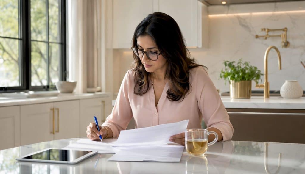 Woman reviewing real estate offer documents