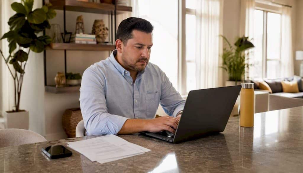 Man working on laptop at home office desk