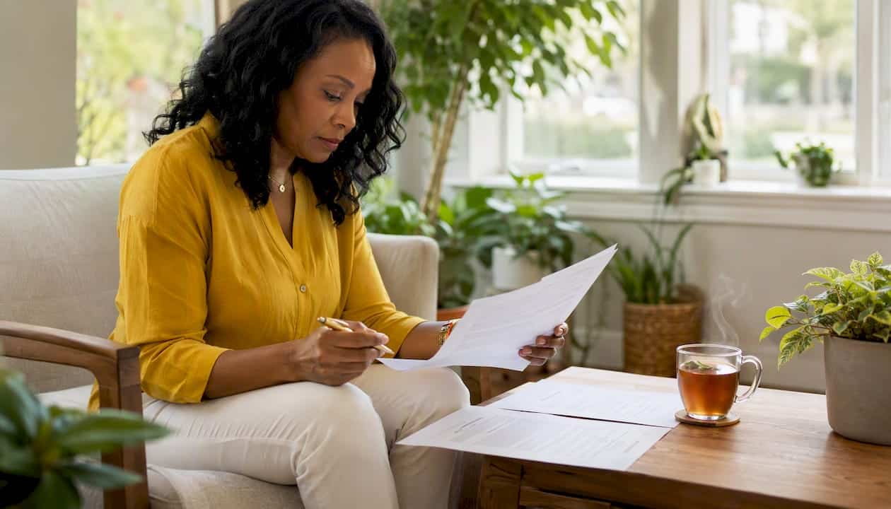 Woman reviewing simultaneous closing documents