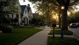 Tree-lined street with luxury homes in Plano