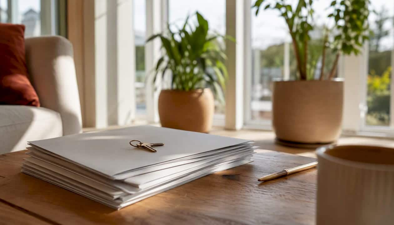 House key on contract folder with pen