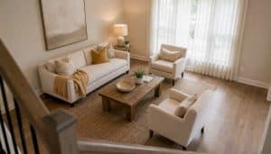 Staged North Dallas living room with neutral decor