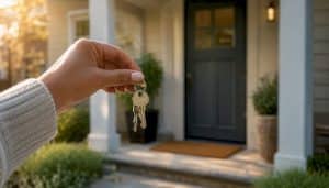 Hand holding house keys outside home